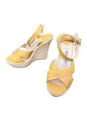 Vintage Jimmy Choo Yellow Patent Leather Espadrille Wedge Sandals Size 35